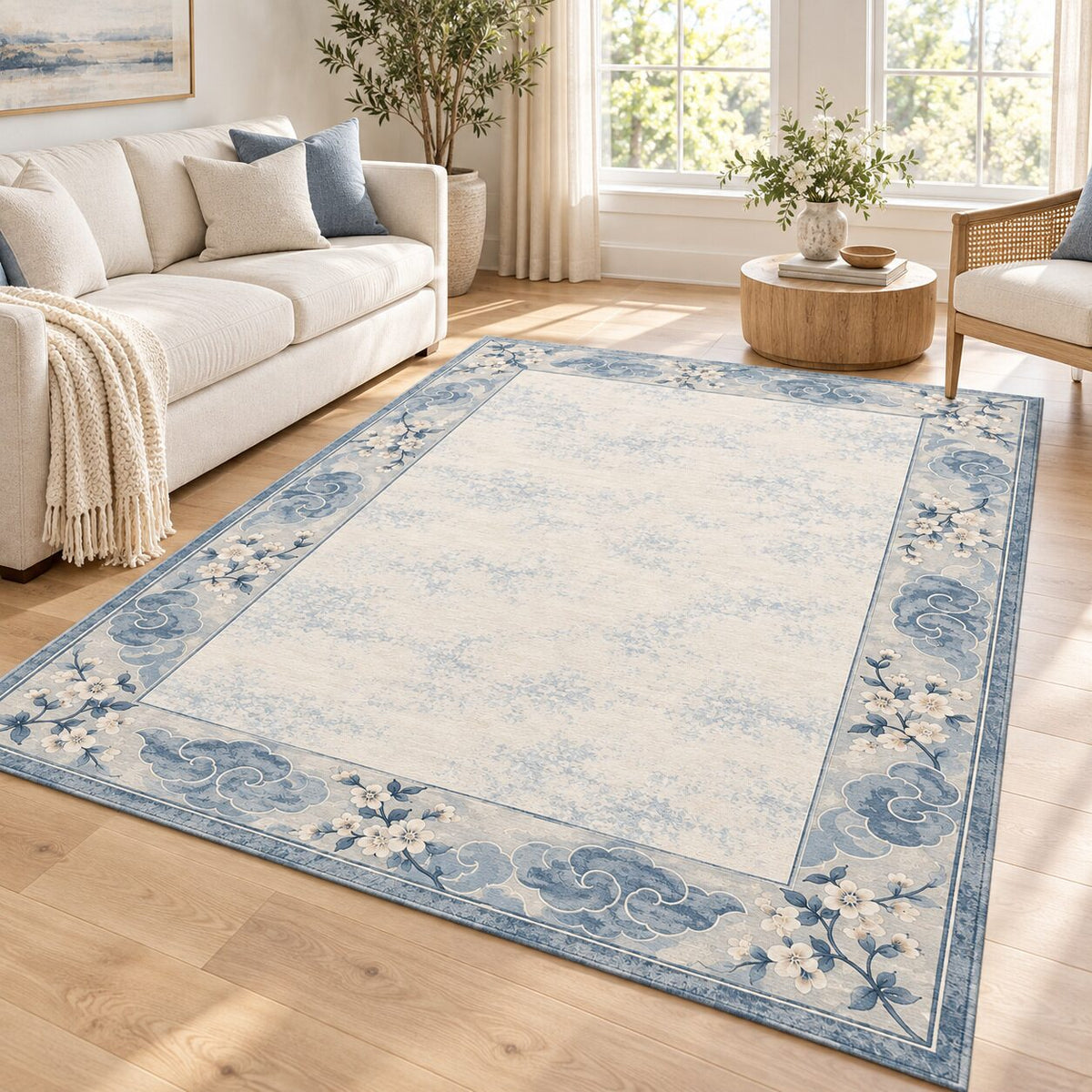 Cloud Blossom Border Chinese-Inspired Area Rug