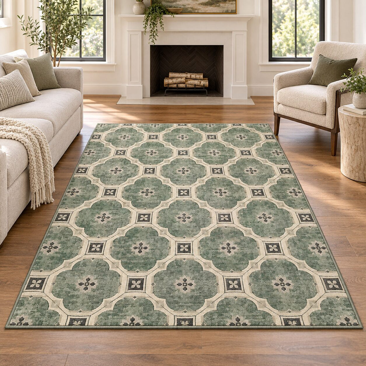 Jade Tile Grid Chinese-Inspired Area Rug