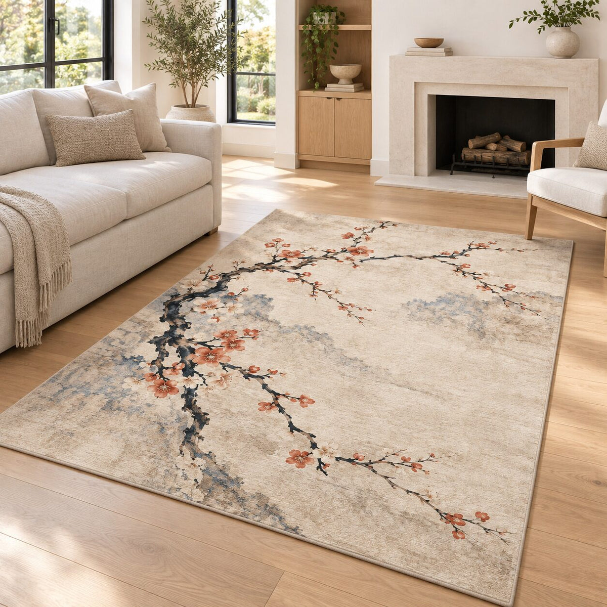 Plum Blossom Branches Chinese-Inspired Area Rug