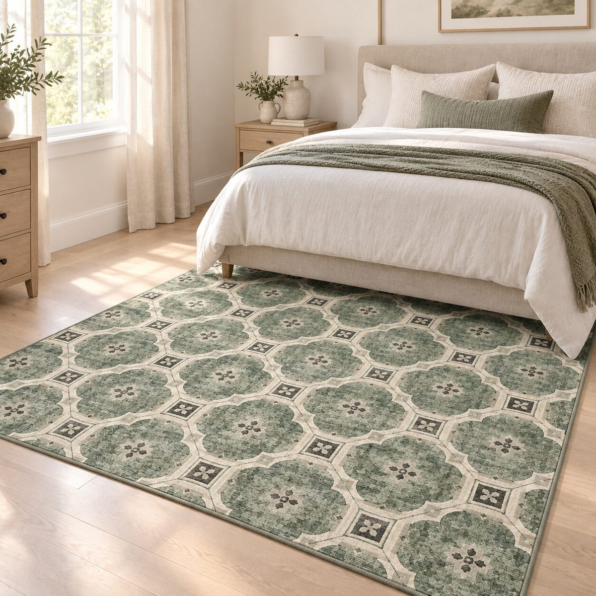 Jade Tile Grid Chinese-Inspired Area Rug